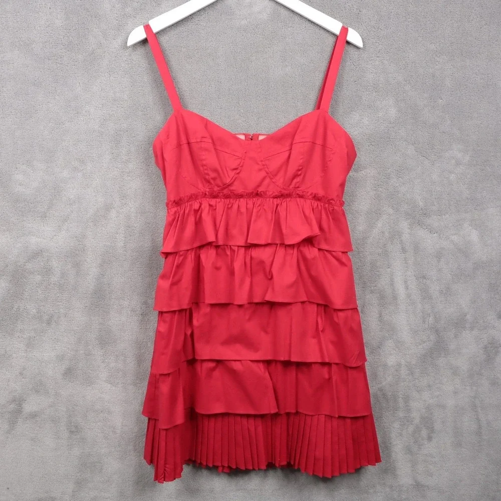 NANETTE LEPORE Red Ruffle Tiered Mini Dress Cutout Back Romantic Valentine Sz 10